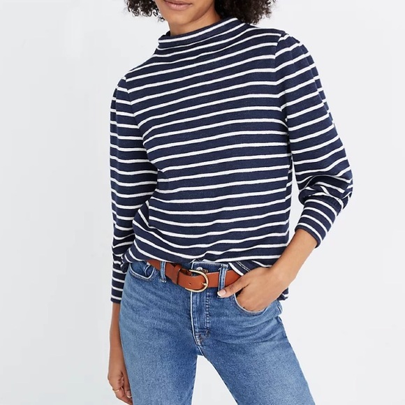 Madewell Sweaters - New Madewell Gathered-Sleeve Mockneck Top in sweater stripes blue white large L
